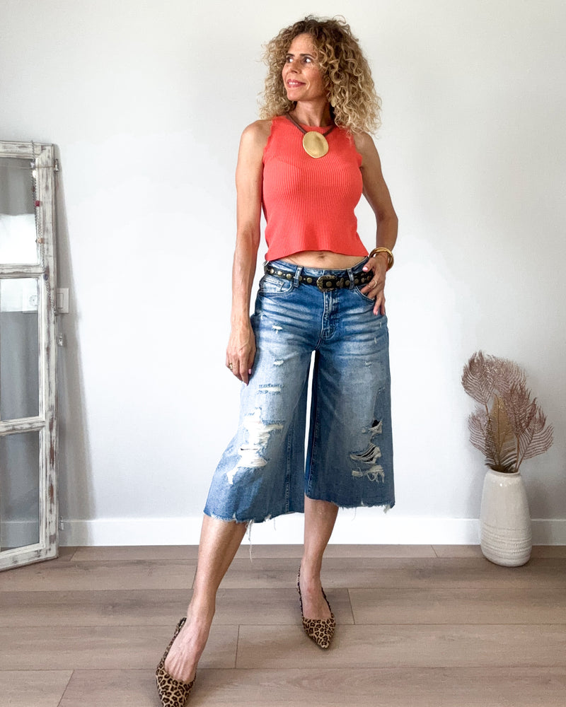 Jeans midi desgastado