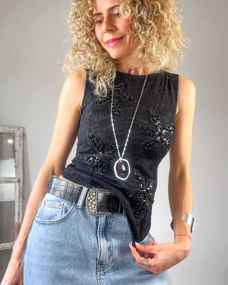 Camiseta encaje bordada strass