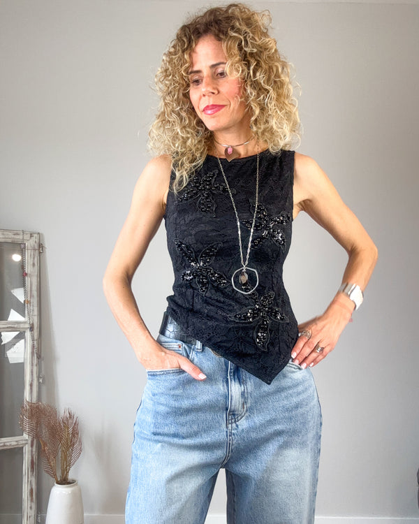 Camiseta encaje negra mujer