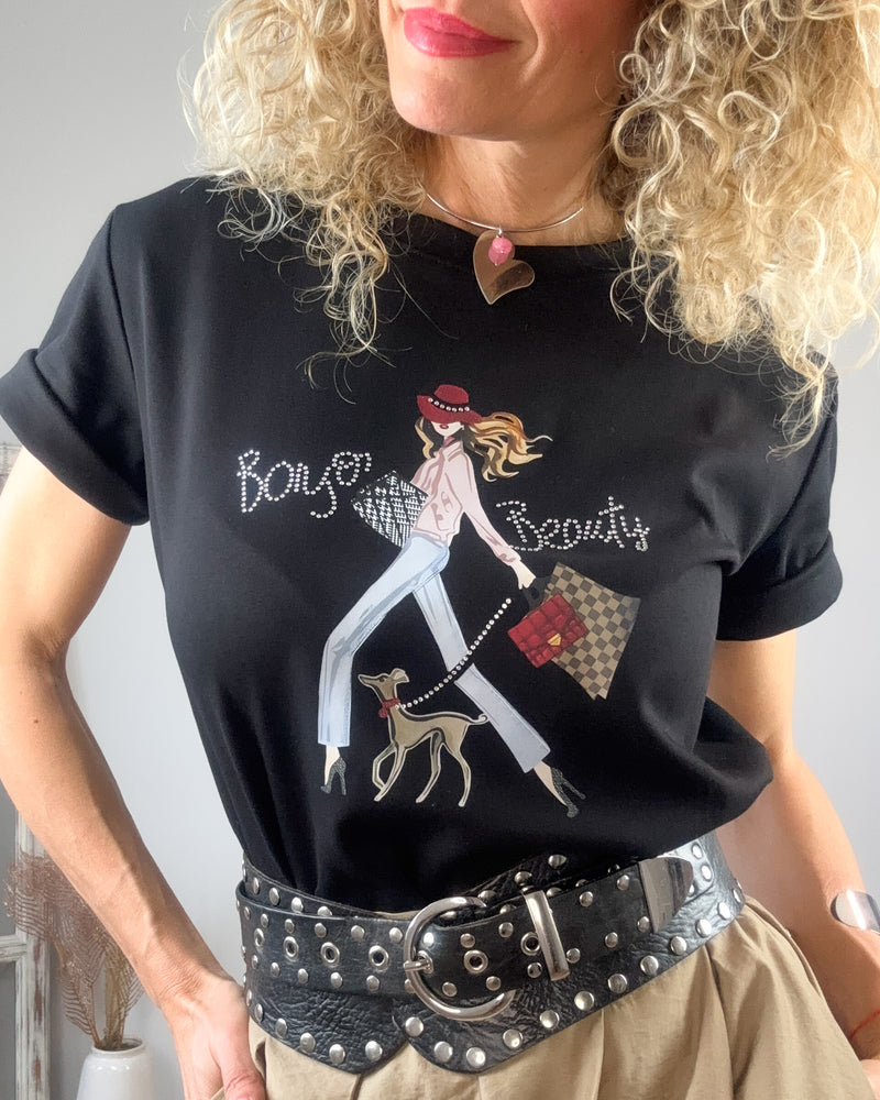 Camiseta negra dibujo ilustración Strass