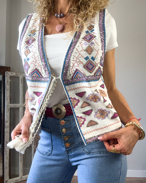 Chaleco denim blanco bordado