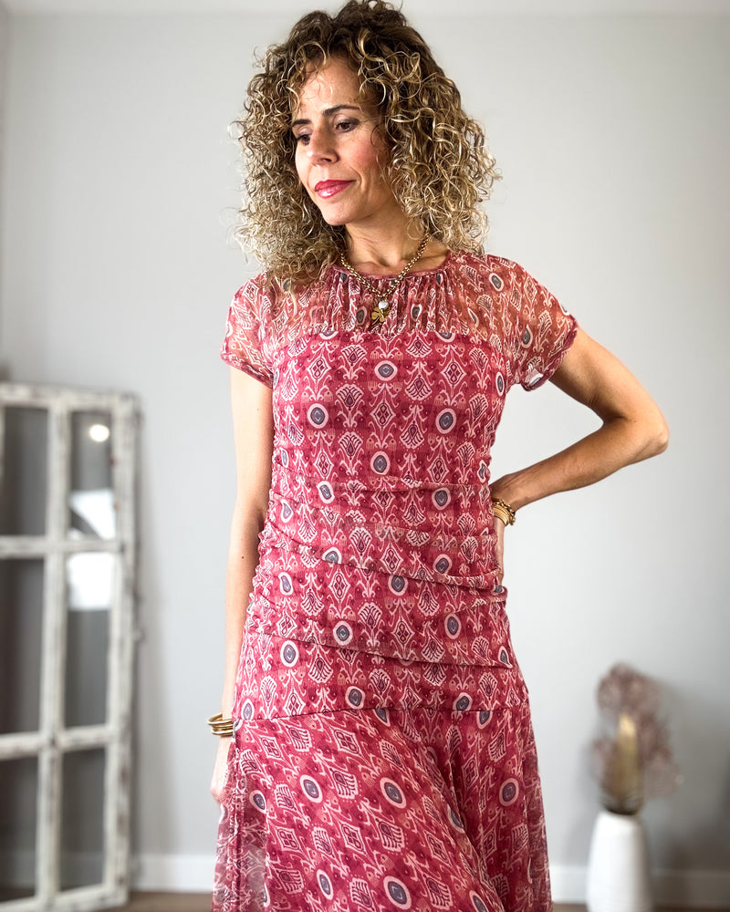 Vestido tul largo rosa drapeado